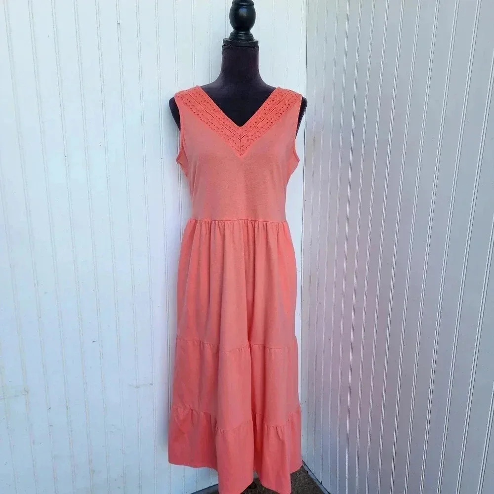 Croft & Barrow Women's Sleeveless Dress Stretch Coral Pink Eyelet Petite PM
